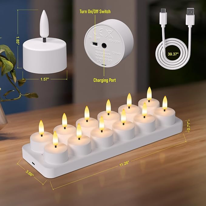 Rechargeable Flameless Tea Lights Candles with Charging Station, LED Tea Lights Candles with Remote Control Timer for Wedding, Christmas, Halloween, Anniversary, Home Decor, 12-Pack
