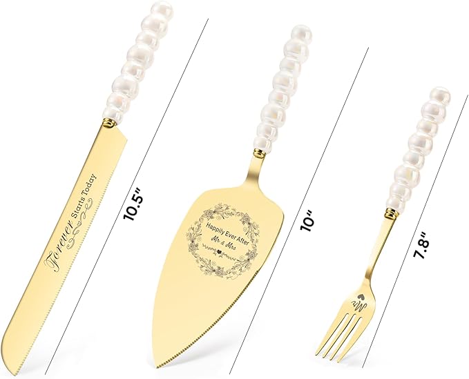 Wedding Cake Knife and Server Set,Gold Cake Cutting Set for Wedding,Ceramic Pearl Handle Wedding Cake Cutting Set for Engagements,Weddings, Anniversaries,and Engagement Gifts for Couples