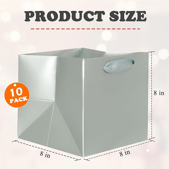 ADIDO EVA Silver Square Gift Bags Small Size Square Bottom Paper Bags with Handles for Party Favor, Shopping Packaging Bags (8x8x8 In, 10 CT)
