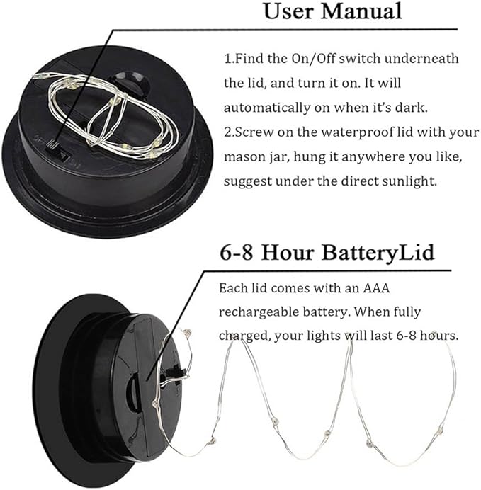 6 Pack Mason Jar Lights, 10 LED Solar Cold White Fairy String Lights Lids Insert for Garden Deck Patio Party Wedding Christmas Decorative Lighting Fit for Regular Mouth Jars …