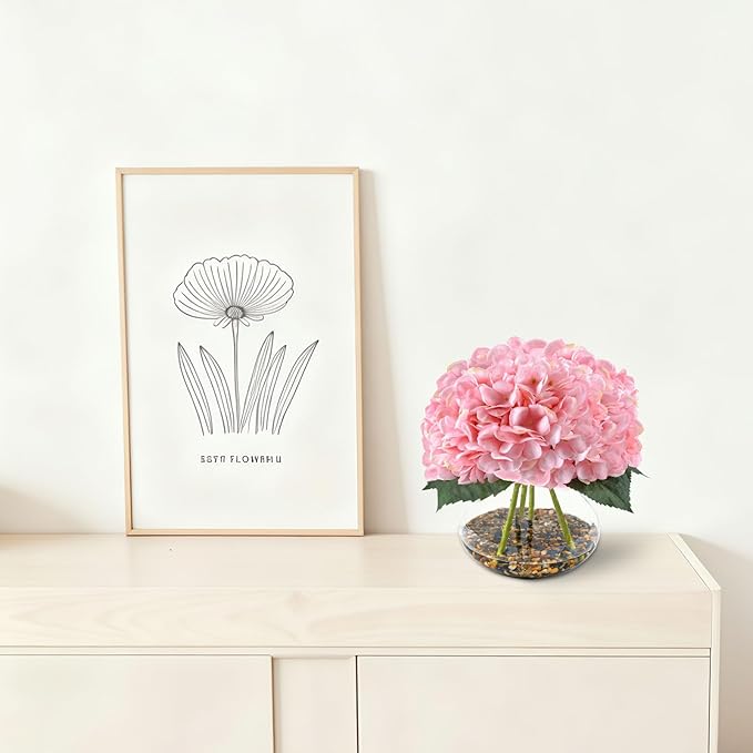 N&T NIETING Artificial Hydrangea Flowers with Vase Pink Silk Fake Flowers Faux Hydrangea Flowers with Faux Water Riverstones for Home Office Table Room Wedding Centerpiece Decorations