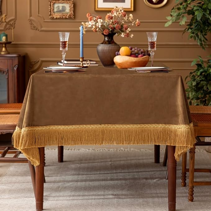 F-CHU Luxury Camel Tablecloth Thickset Velvet Tablecloth with Beautiful Gold Tassels Vintage Table Cloth for Home Decor Wedding, Party, Banquet and Events 60x86-Inch