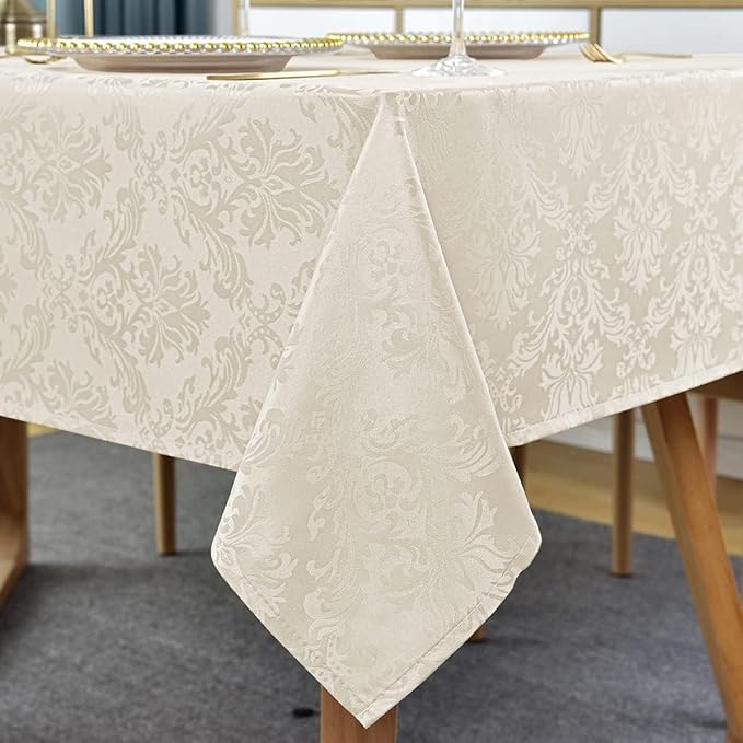 Jacquard Tablecloth Square 52 x 52 Inch Beige, Spill Proof Stain Resistant Damask Table Cloth, Washable Polyester Table Cover for Dining, Party, Indoor, Outdoor (Off White, Square)