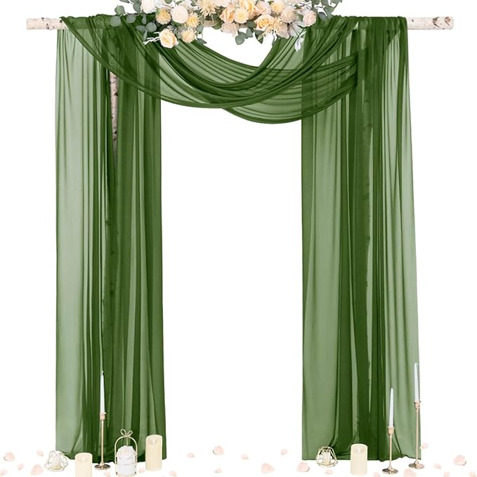 Socomi Olive GreenWedding Arch Draping Fabric 29" x 20Ft 4 Panels Sheer Outdoor Curtain Drapes Extra Long for Bridal Baby Shower Ceremony Birthday Party Decor