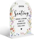 Acrylic Wedding Signs, Open Seating Signs for Marriage Reception, Bridal Shower Decorations, Modern Arched Round Top Acrylic Table Top Sign with Holder for Wedding Party Dinner (White Wildflowers)