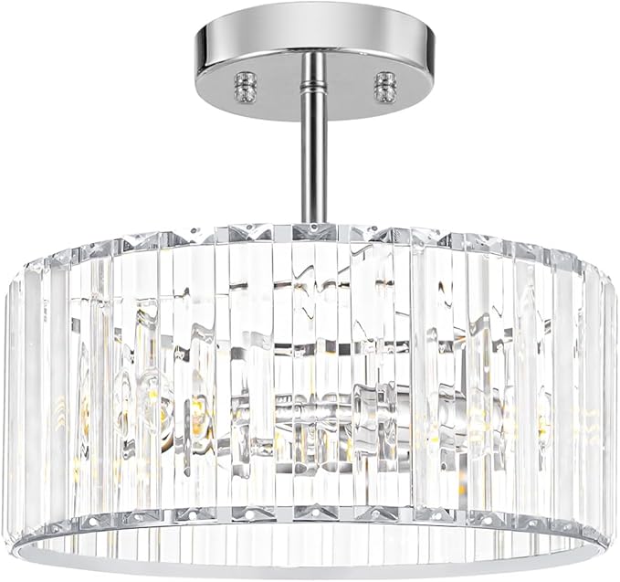 Modern Crystal Ceiling Light, Chrome Semi Flush Mount Ceiling Lighting Fixture, Hallway Light Fixtures Chandelier for Kitchen, Bedroom Dining Room Hallway Closet, 3-Light, 12 Inch