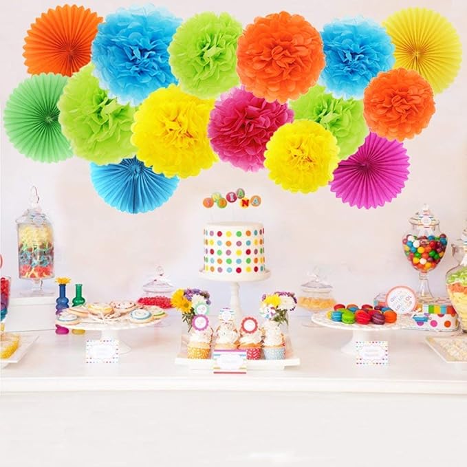 Paper Pom Poms Color Tissue Flowers Hanging Paper Fans Celebration Wedding Birthday Party Halloween Christmas Outdoor Decoration-Set of 20