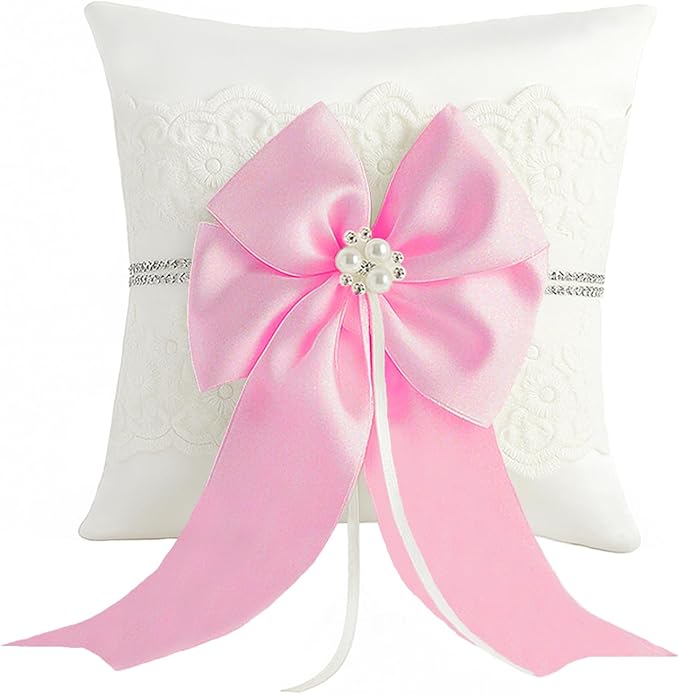 Wedding Ring Bearer Pillow: 8.2 x 8.2 Inch Satin Lace Cushion with Pink Pearl Bow for Ceremony Vows - Secure Ring Holder for Flower Boy or Girl