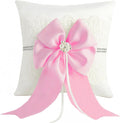 Wedding Ring Bearer Pillow: 8.2 x 8.2 Inch Satin Lace Cushion with Pink Pearl Bow for Ceremony Vows - Secure Ring Holder for Flower Boy or Girl