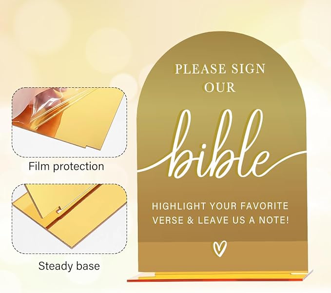 Acrylic Wedding Sign, Bridal Shower Decorations, Please Sign Our Bible Sign for Ceremony, Modern Font Table Signs, Gold Mirror Arched Acrylic Tabletop Signs for Wedding Reception and Event Party