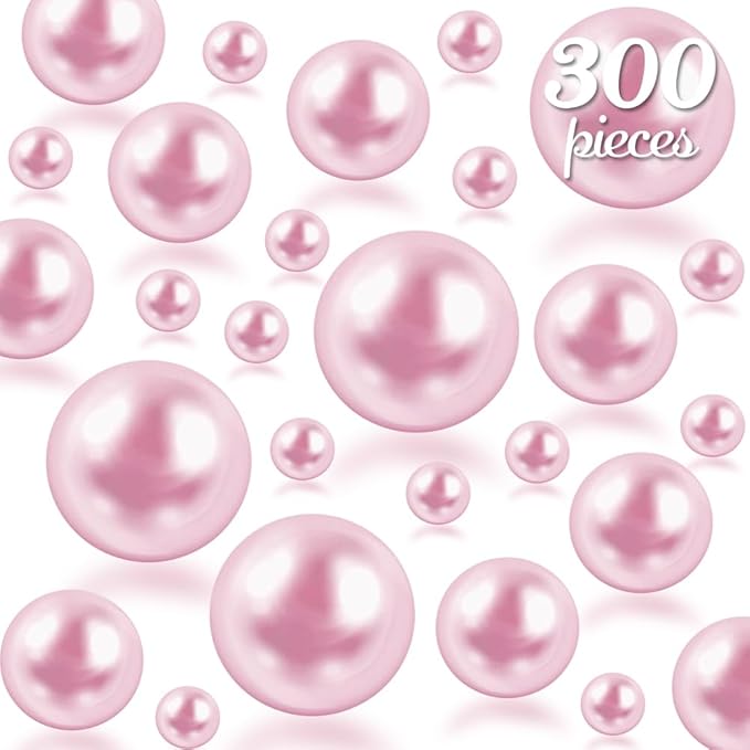 300Pcs Pink Polished No Hole Faux Pearl Beads for Vase Filling Decorations, Plastic Pearls Vase Fillers, Table Scatters, Wedding Centerpiece, Home Decor, 8/14/20 mm