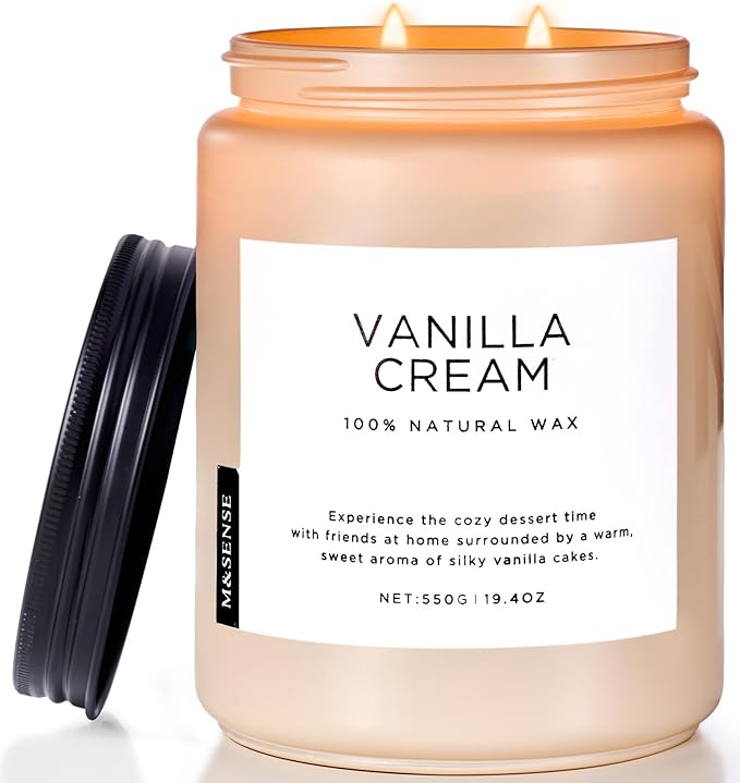 M&SENSE Vanilla Soy Candles, Large 2 Wick Jar Candle 19.4oz, 110 Hours Burning Time, 100% Natural Organic Soy Wax, Relaxing Aromatherapy Scented Candle, Housewarming Gift for Women and Men