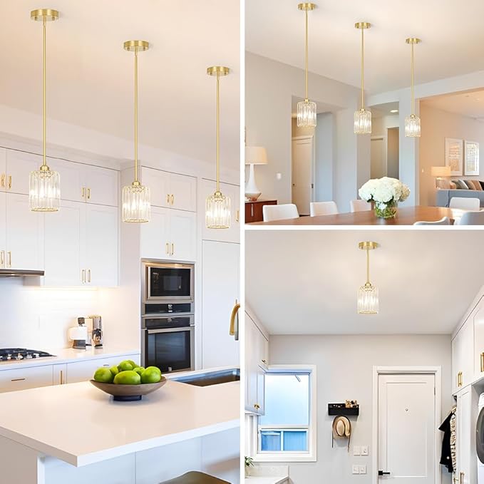 Gold Kitchen Pendant Lights Over Island with Adjustable Rods - Crystal Pendant Lighting Fixtures 3 Pack, Ideal Over Dining Table or Bar, E26 Bulb Compatible, No Electrician Needed