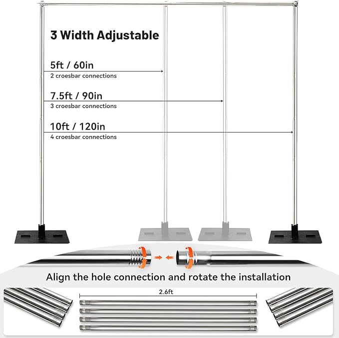 Heavy Duty Pipe and Drape Frame Kit 10x10ft Adjustable Height/Width Photography Background Support Poles All-Metal Construction Backdrop Stand for Party, Birthday, Wedding - Silver
