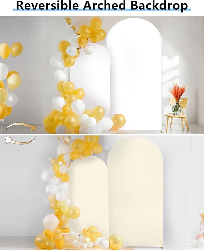 HEMMOTOP White and Light Beige Arch Backdrop Cover 7.2 ft, 6ft, Wedding Arch Covers Stretchy Backdrop 2 Set, Double Color Spandex Arched Background for Birthday Party, Baby Shower