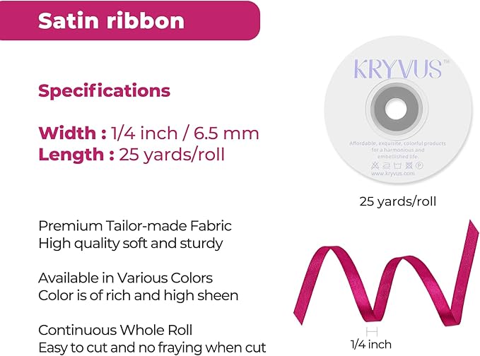 Rose Red Satin Ribbon 1/4 inch X Continuous 25 Yards, Single Face Polyester Ribbon Perfect for Gift Wrapping, Flower Bouquet, Wedding Decor, Crafts, Bow Making, Sewing and More