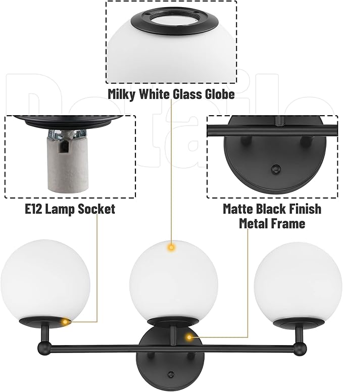 Black Vanity Lights for Bathroom, Farmhouse Bathroom Light Fixtures 3-Light Over Mirror with Milky Glass Globe Shade, KW-7307-3