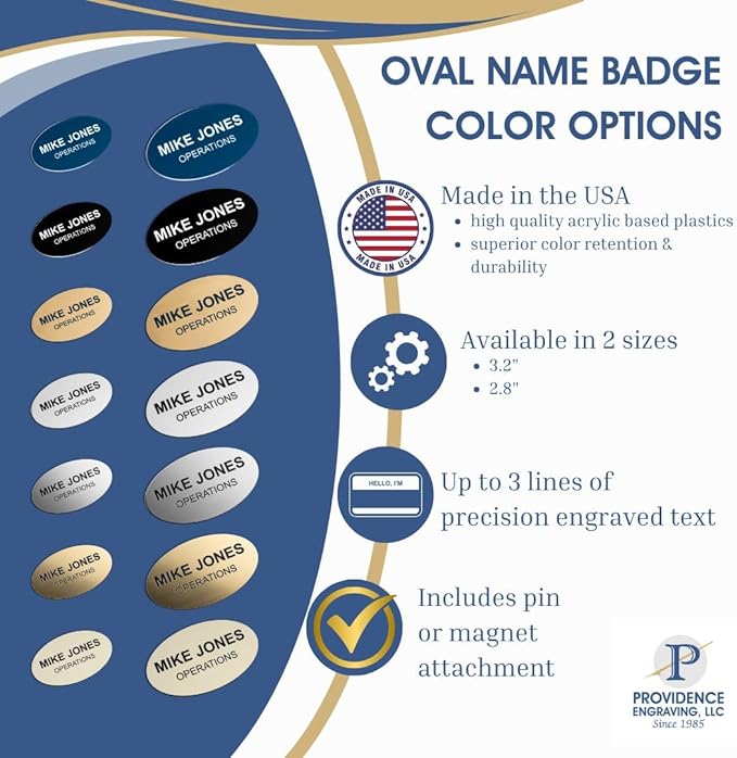 Custom Engraved Name Tag Badges – Personalized Identification with Pin or Magnetic Backing, 3.2 Inch Oval, Radiant Gold/Black