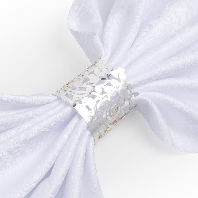 150PCS Rose Flower Paper Napkin Rings, Simple Napkin Holders Dinner Tables Rings Elegant Ornament Table Setting Decoration for Wedding, Christmas, Thanksgiving, Holiday, Party (Silver)