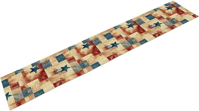 4th of July Table Runner, Rustic Vintage Country Red White Blue American Stars Independence Day Print Table Cover for Farmhouse Kitchen Dining Table Decor, 13x60inch