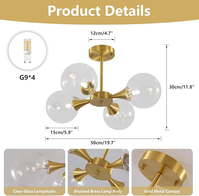 KCO Lighting 4-Lights Modern Globe Semi Flush Mount Ceiling Light Mid Century Brushed Brass Schoolhouse Close to Ceiling Light Gold Clear Glass Bubble Sputnik Chandelier Light Fixture