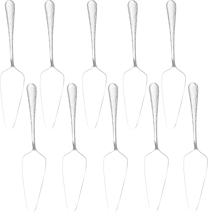 Stainless Steel Cake Server Pack of 10 Hammered Pie Holder Transfer Triangular Spade Spatula Serrated Edge for Pizza Cake Baking Safe in Dishwasher (Silver)