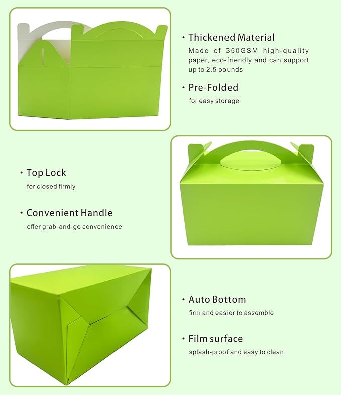 TIMESEEK 30-Pack Spring Green Gable Treat Boxes with Handles, 6" Pop-Up Party Favor Gift Boxes for Candy, Birthday,Wedding,Baby Shower, Eco-Friendly Cardboard Goodie Bags for Kids, Bachelorette Decor