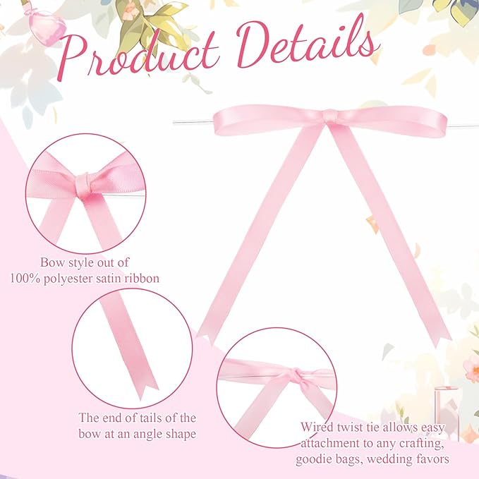 Riceshoot 100 Pcs Twist Tie Bows Bulk 5x7 Inch Satin Ribbon Bows for Gift Wrapping Cake Treat Bags Craft DIY Gift Wedding Baby Shower Birthday Party(Pink)