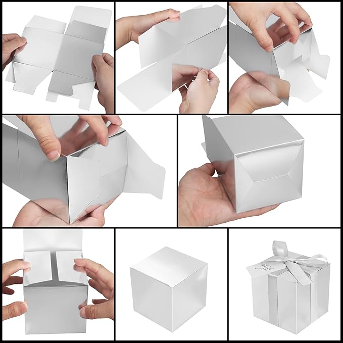 100 Pack Small Gift Boxes, 2x2x2 Inches Favor Boxes Silver Paper Gift Boxes with Lids for Presents, Crafting, Cupcake Boxes, Gifts, Candy Boxes for Wedding Party Bridal Shower Baby Shower Favors
