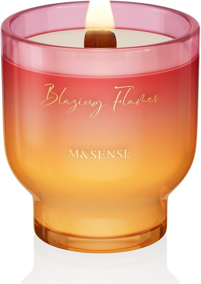 M&SENSE 9.88oz Natural Soy Wax Jar Candle with Wooden Wick | Blazing Flames Scent | 55-Hour Burn & Long-Lasting Burn | Housewarming Gift for Men and Women