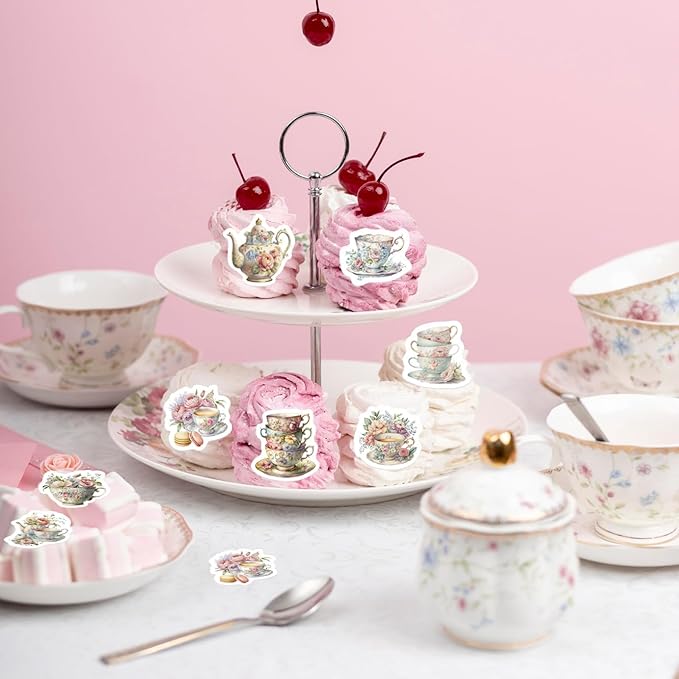45PCS Edible Tea Party Cupcake Toppers Wafer Paper Teapot Teacup Cupcake Toppers Floral Tea Time Cake Picks Afternoon Tea Decorations for Tea Party Theme Baby Shower Decor Supplies