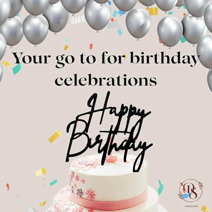 uraSigns Premium Acrylic Happy Birthday Cake Topper Gold, Mirror Finish, 6x6 Inches, 2.5mm Thick, Handmade Decorative Party Celebration Topper with Protective Film Perfect Keepsake (Acrylic, Black)