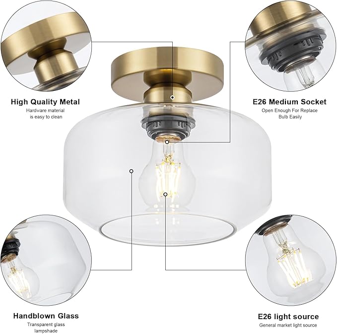 Golden Semi Flush Mount Ceiling Light - Includes 900LM Bulb (60W Eqv) - Clear Glass & Brass Fixture for Hallway, Bathroom, Kitchen Lighting