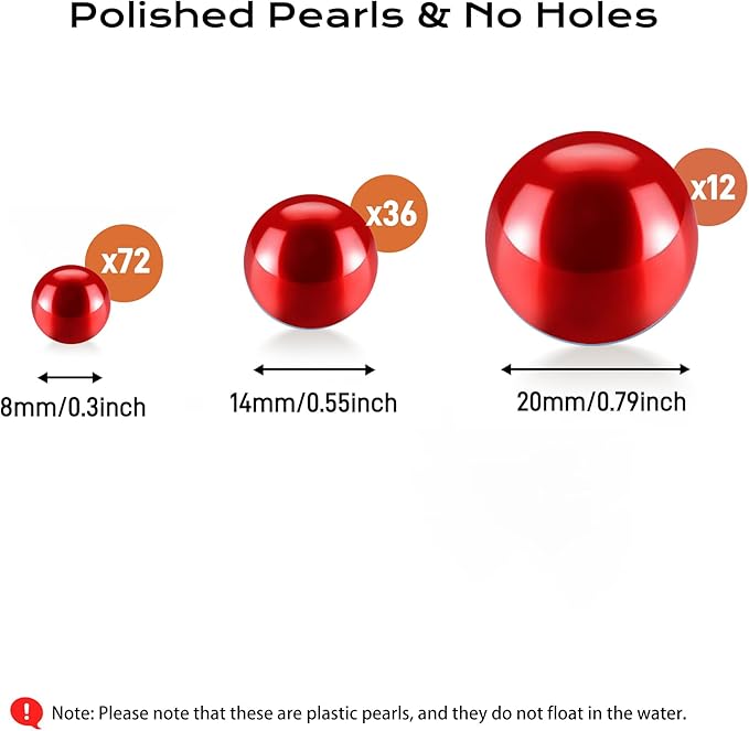 120 PCS 8/14/20mm No Hole Polish Pearl Beads for Centerpiece, Red Beads Decorative Vase Fillers, Plastics Pearls for Vases, Table Scatters, Wedding Party Decor