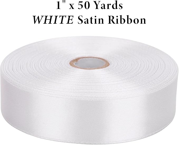 1" x 50 Yards White Satin Ribbon Single Faced Fabric Ribbons for Gift Wrapping, Crafting, Bows Making, Flower Bouquet, Wedding, Home Decor