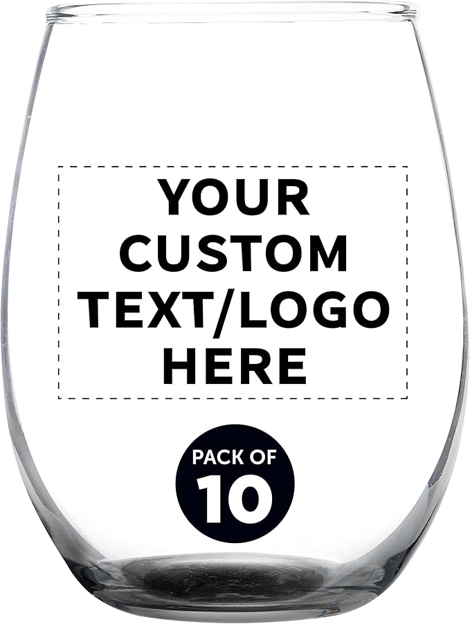 DISCOUNT PROMOS Custom Stemless Wine Glass 9 oz. Set of 10, Personalized Bulk Pack - Great for Wedding Favors, Bachelorette Party Decorations, Party Favors, Color Bottom - Black