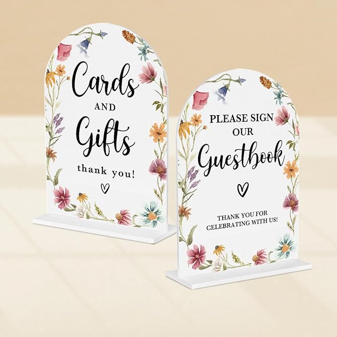 2 Pcs Acrylic Wedding Signs for Reception, Bridal Shower Decorations, Cards and Gifts Signs, Guest Book Sign, Arch Acrylic Table Top Sign with Holder for Wedding Reception (White Wildflowers)