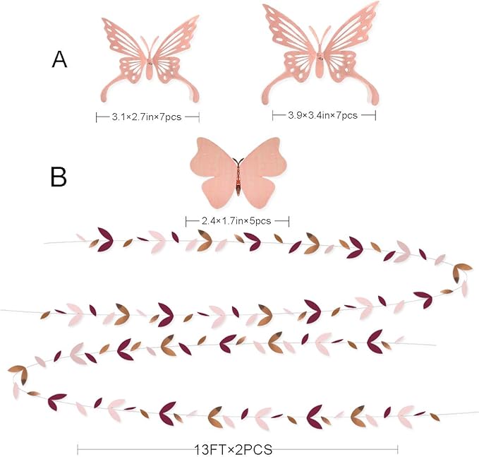 Burgundy Rose gold Pink Party Decorations Lanterns Flowers Pom Pom with 3D Butterfly Stickers and Leaf Garland Streamers for Birthday Engagement Wedding Bridal Shower Bachelorette Fall Autumn Party