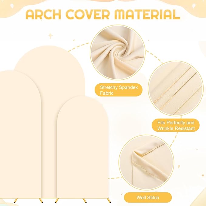 Party Arch Backdrop Stand and Cover Set of 3 (6FT, 5FT, 4FT) Metal Arch Frame Balloon Party Backdrop Arches Stand with Beige Arched Covers Stretchy Backdrops for Baby Shower Birthday Ceremony Decor