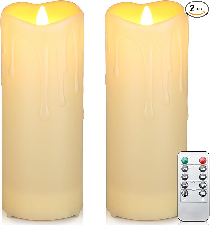 Enido Flameless Candles LED Candles Outdoor Waterproof Candles(D: 4" x H: 10") Battery Operated Plastic Pack of 2 Pillar Candle for Portico and Fireplaces