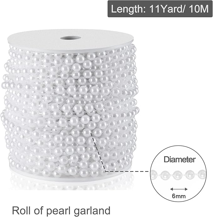 XINHUIDALSQ Craft String of Pearls 6 MM Faux Pearl Beaded, 66 Feet White Garland Bead String for Christmas Tree Decoration, Wedding Party Decoration (White, 6mm/20M)