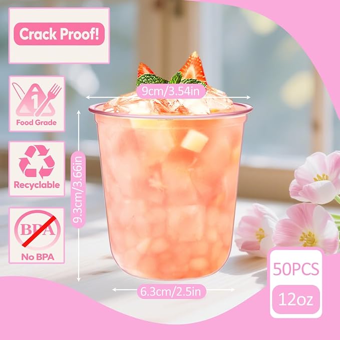 50Pcs Disposable Plastic Stemless Glasses,12oz Plastic Drinking Cups Wine Glasses for Cocktail Martini Party Cups for Birthday,Wedding,Meeting,Valentines,Christmas Holiday Party (50, Pink)