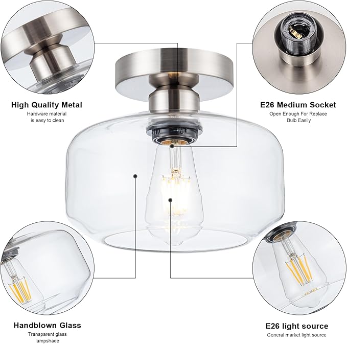 Semi Flush Mount Ceiling Light Fixture - Clear Glass & Brushed Nickel Base with 900 Lumen LED - Modern Kitchen Lighting Fixtures for Bathroom Hallway Entryway