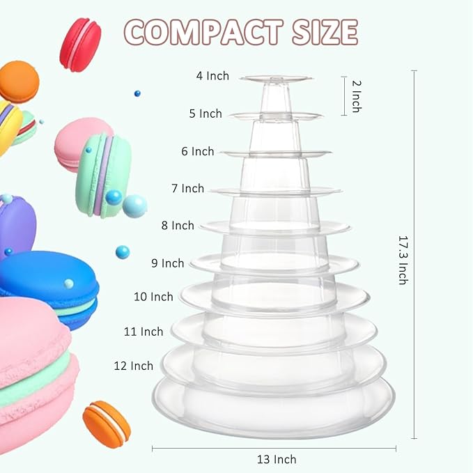 Macaron Tower Stand for Wedding Birthday Party, 4" - 13" Transparent Plastic Round Macaron Tower Display Stand Cupcake Cake Holder for Baby Shower Party Decor (10- Tiers)