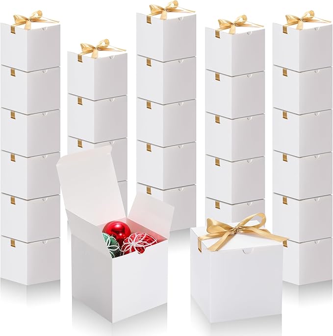 DOYIDE Small Gift Boxes, 60 Pcs 4x4x4 Inch White Elegant Paper Box with Ribbons, Party Favor Boxes for Candy Cupcake Christmas Wedding Baby Shower Bridesmaids Birthday