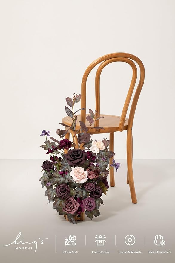 Ling's moment 17.5" Tall Standing Artificial Flowers Arrangements 4 pcs Fall Wedding Aisle Runner Chair Decorations Deep Plum Centerpieces for Ceremony Reception Rose Floral Party Outdoor
