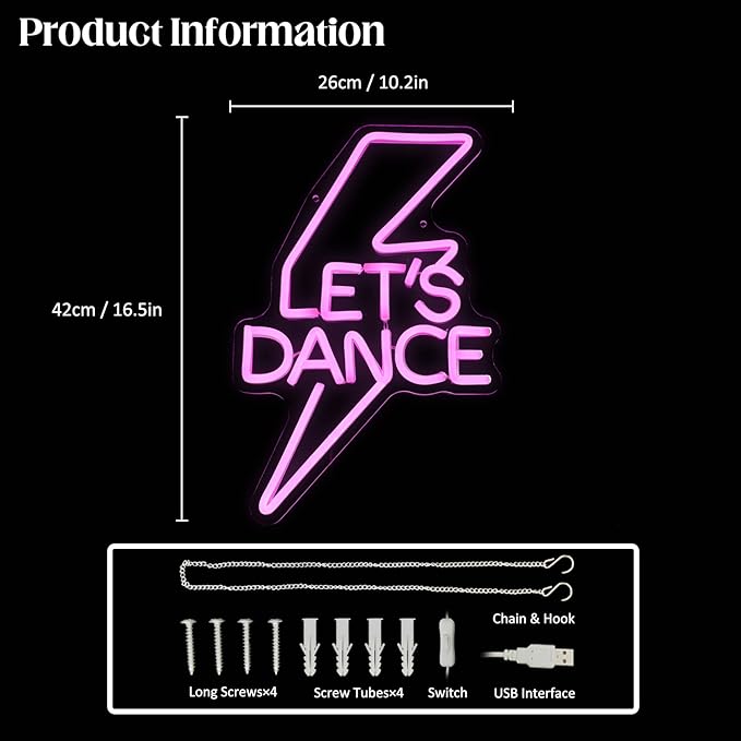 Let's Dance Neon Sign Pink Led Word Light Sign Lightning Bolt Neon Light Dance Light Up Signs Letter Neon Signs for Bedroom Bar Wedding Birthday Dancing Party Prom Night Decor Girl Gifts