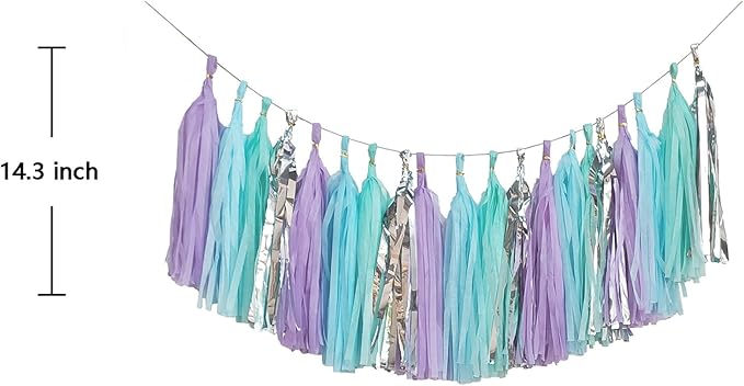 ZOOYOO Shiny Tassel Garland Tissue Paper Tassel Banner,Table Decor,DIY Kits for Party, Tassels Party Decoration,Pack of 20(Lavender,Light Blue,Mint,Silver)