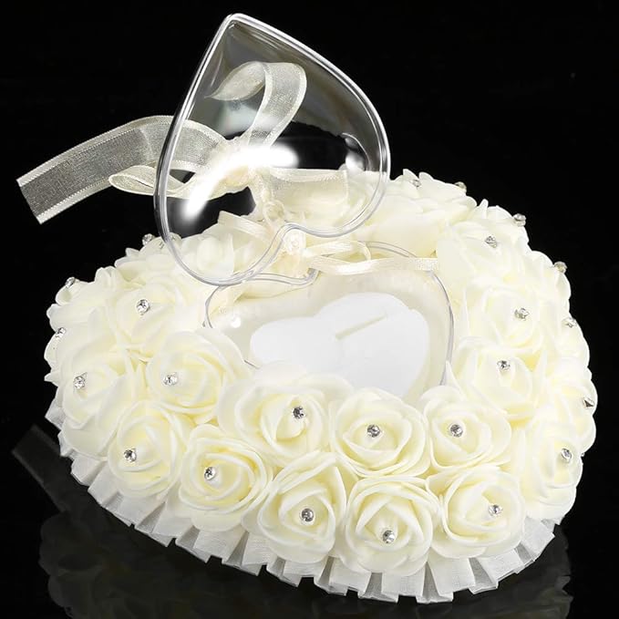 Hilitand Wedding Cushion Pillow Romantic Heart Shaped Wedding Box Rose Rhinestone Decorative Jewellery Boxes(Milky White)