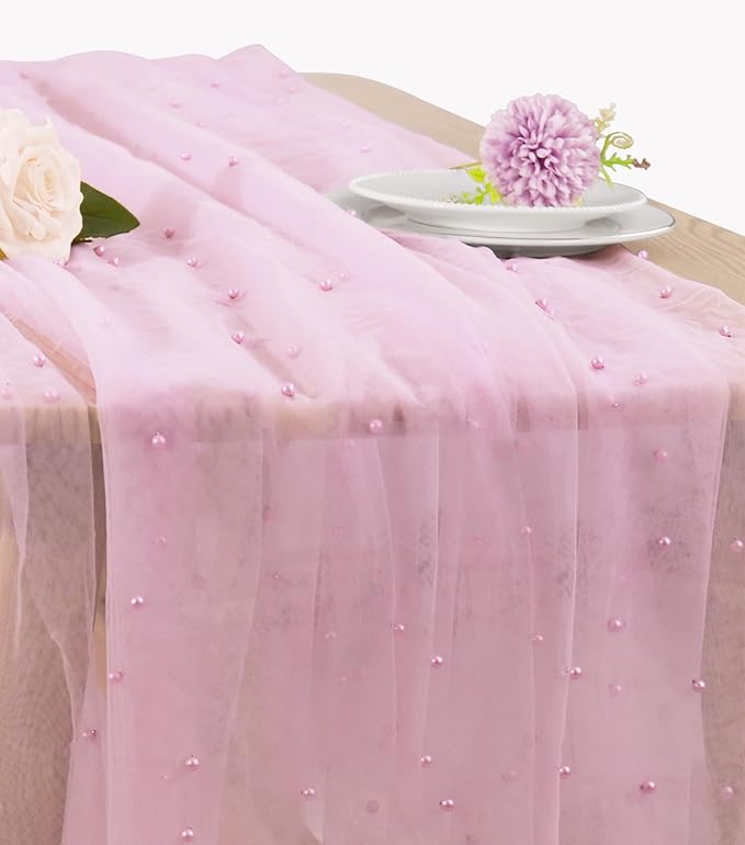 Pearl Table Runner 29 x 120 Inch Tulle Fabric Lace Table Runners Boho Rustic Tablecloth for Bridal Shower Birthday Party Wedding Arch Aisle Veil Dessert Table Decor(1 Pack, Pink)